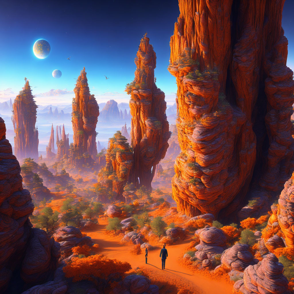 Person standing on path among orange rock formations under blue sky with distant planet visible