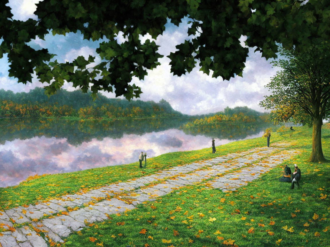 Tranquil lakeside with cobblestone path, falling leaves, person on bench, and tree