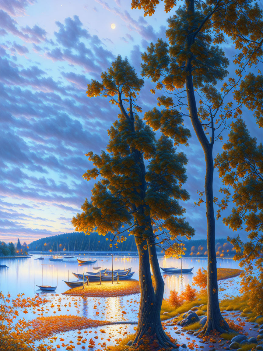 Tranquil twilight landscape with orange trees, calm water, and moonlit sky