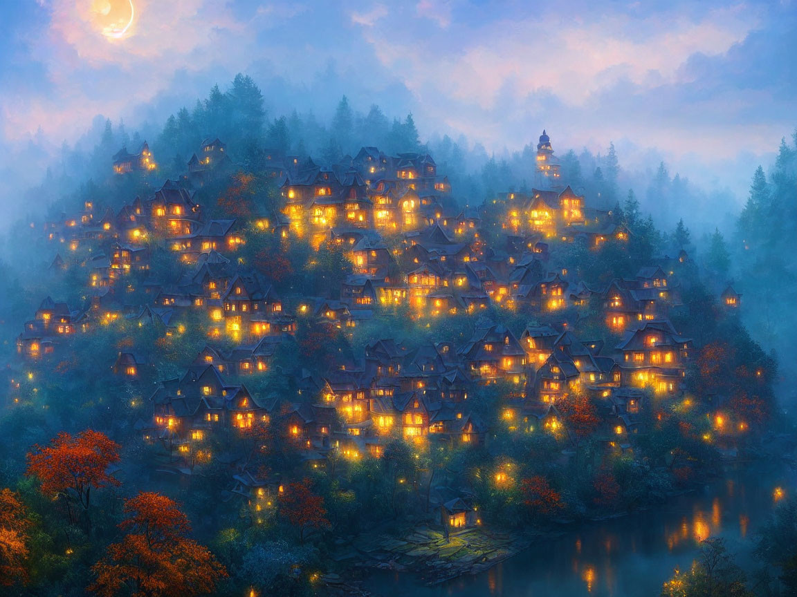 Hillside village at dusk shrouded in mist under crescent moon