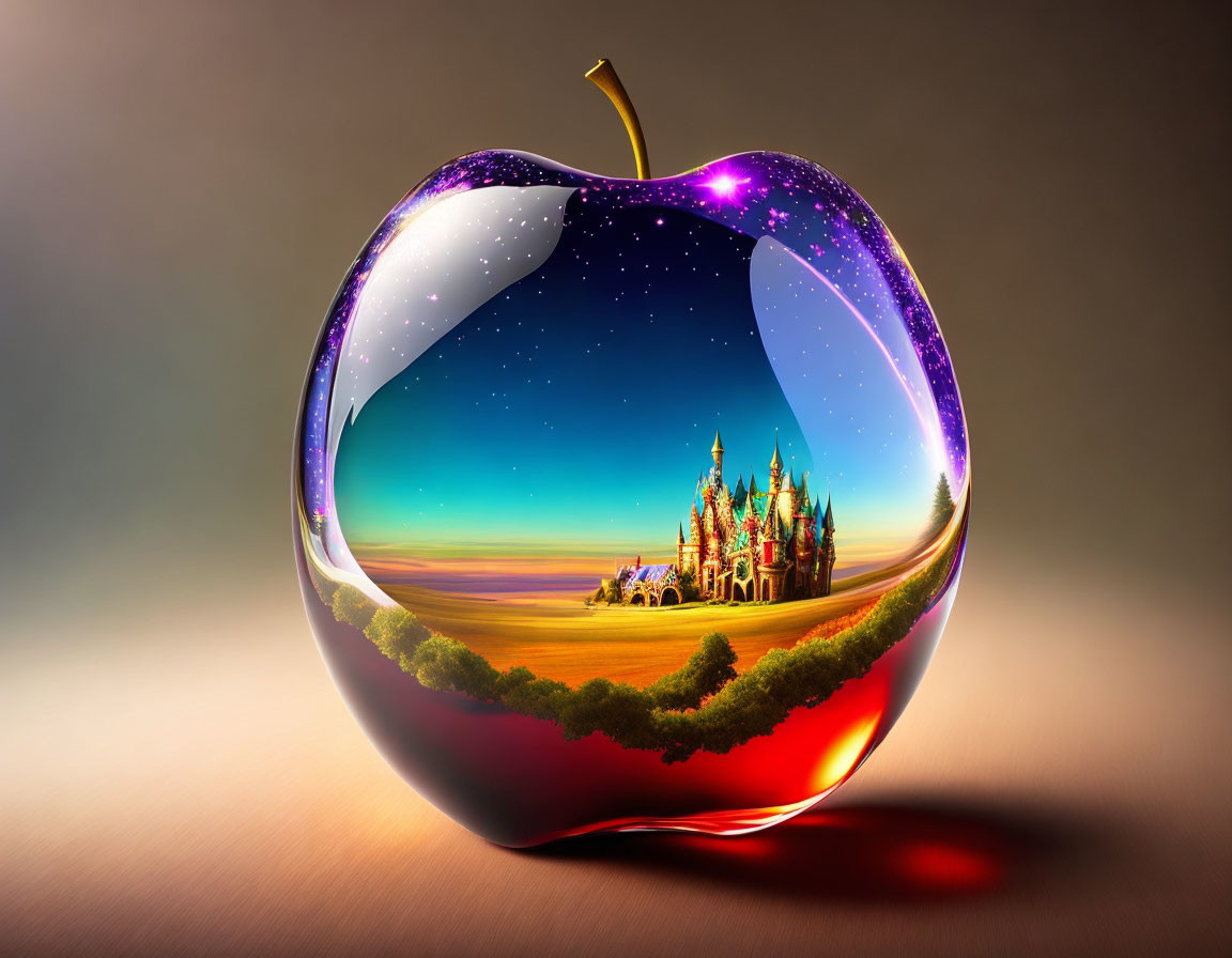 Fantasy-themed apple with night sky and galaxy, magical castle, grassland under starry expanse