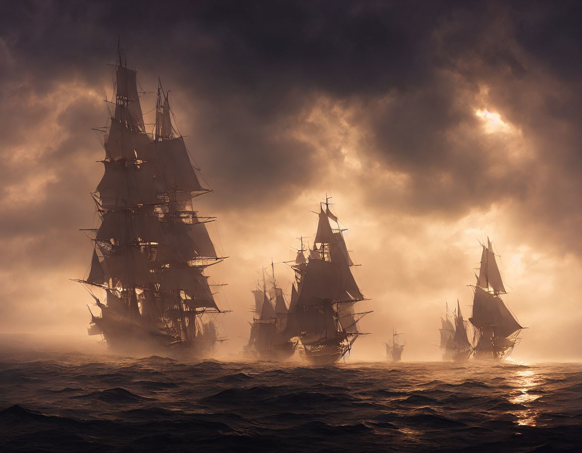 Tall ships with full sails in misty waters under dramatic cloudy sky