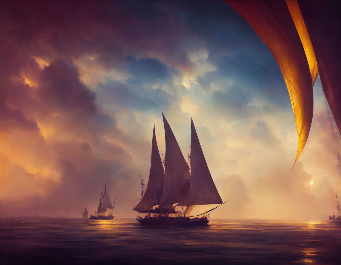 Sailboats on tranquil waters at sunset with fiery clouds and a mysterious golden sail.