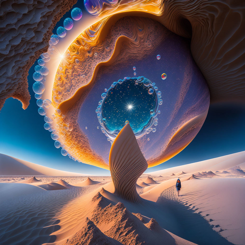 Surreal desert landscape with cosmic bubble structure above swirling sand dunes