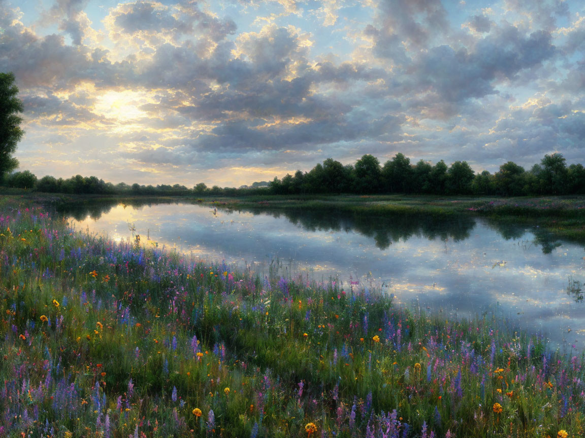 Tranquil dawn landscape with wildflowers, calm river, and lush trees