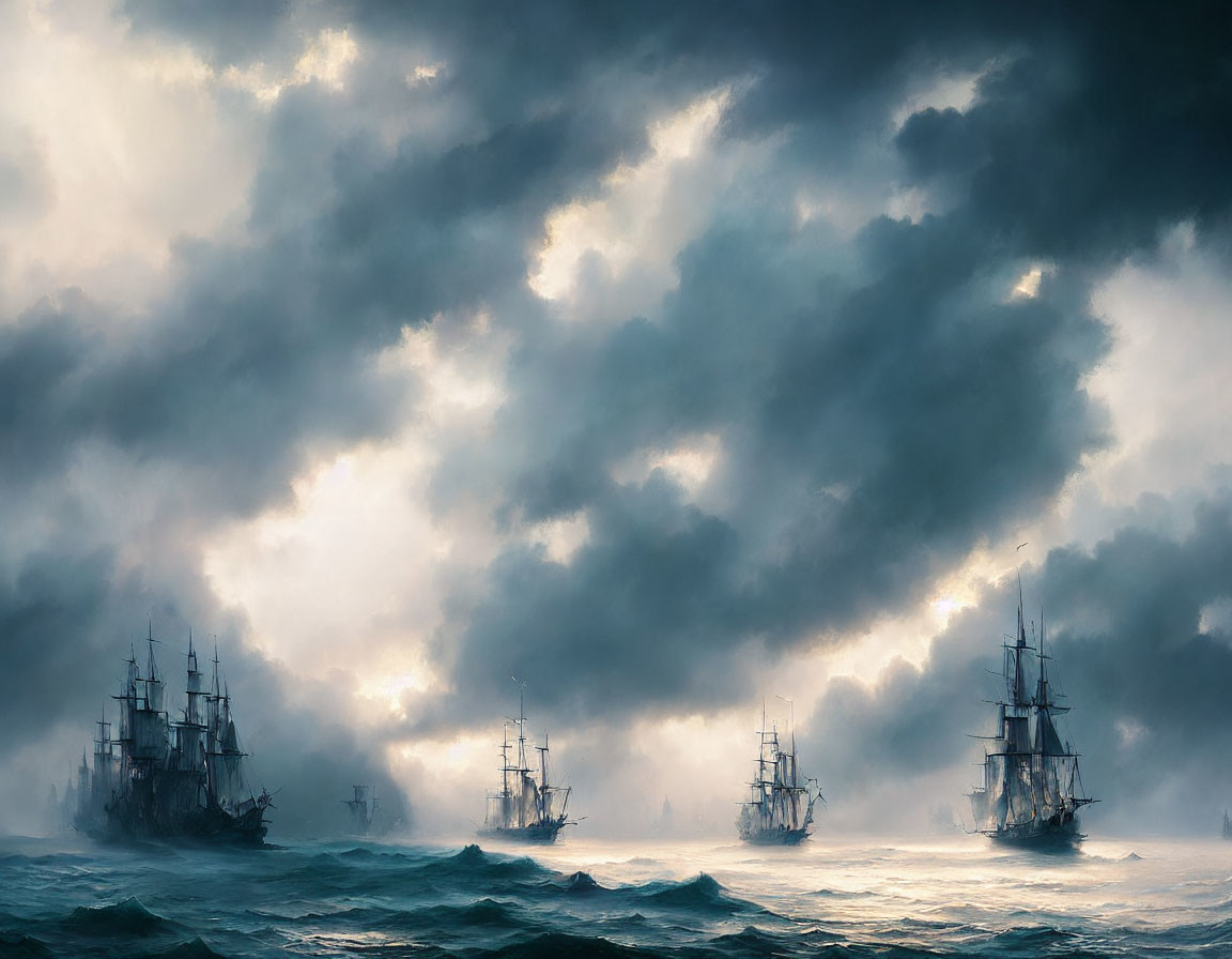 Tall ships sailing in stormy ocean under dramatic sky