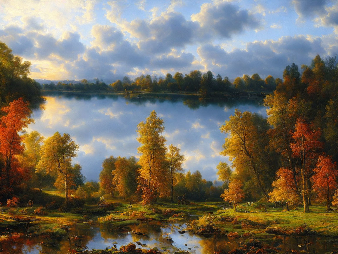 Tranquil autumn landscape with golden foliage and calm lake