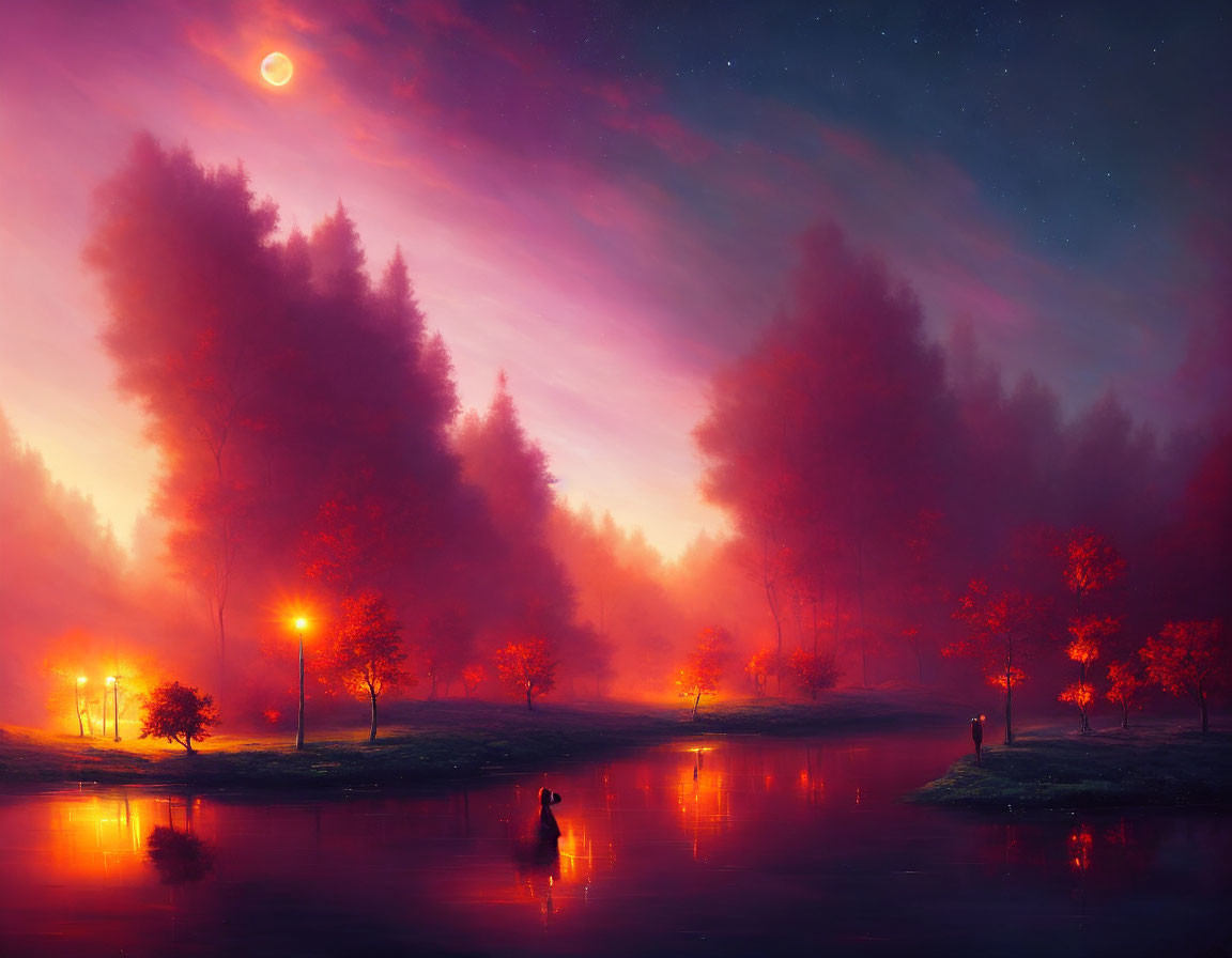 Tranquil night landscape: crimson sky, luminous moon, silhouetted trees, street