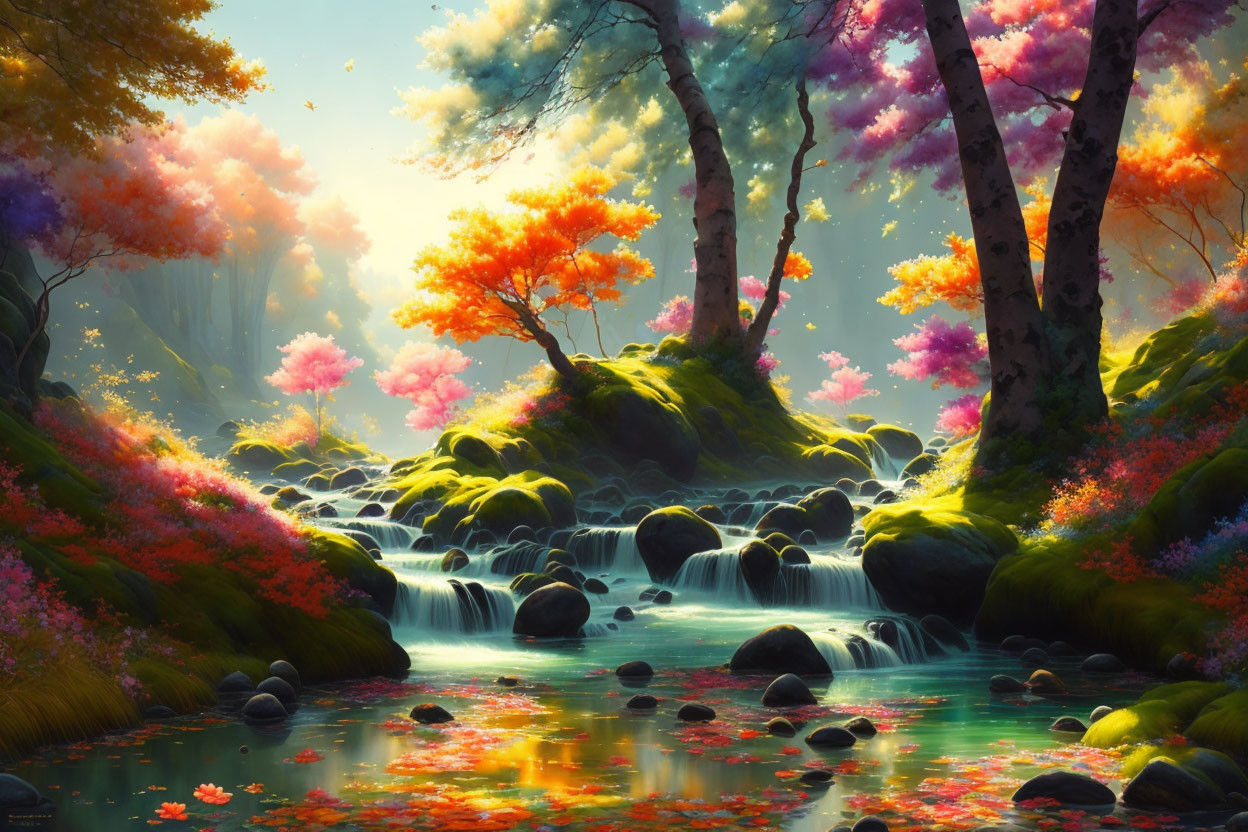 Tranquil autumn forest landscape with colorful trees and flowing stream