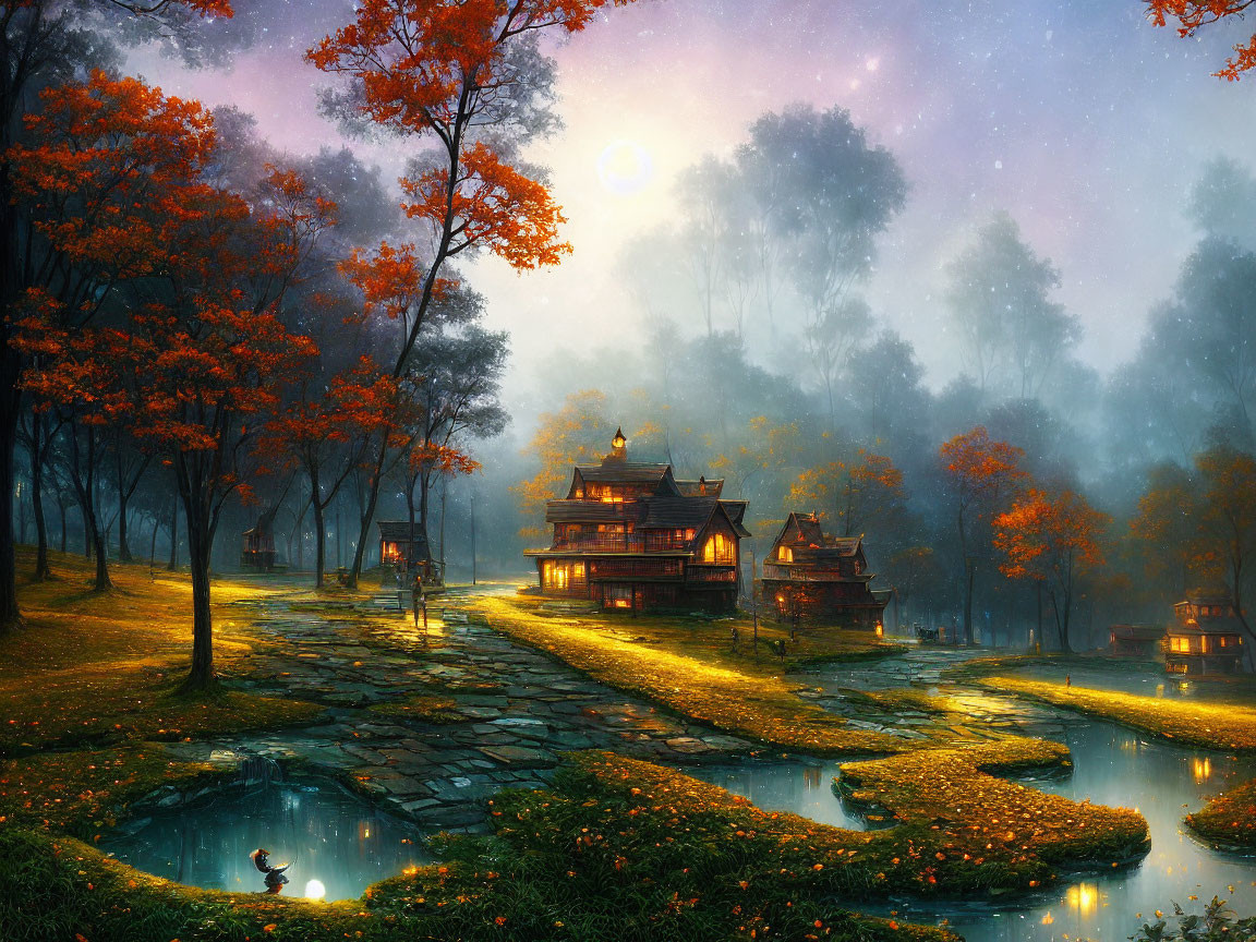 Ethereal autumn landscape with traditional buildings, orange trees, stone path, pond, and moonlight