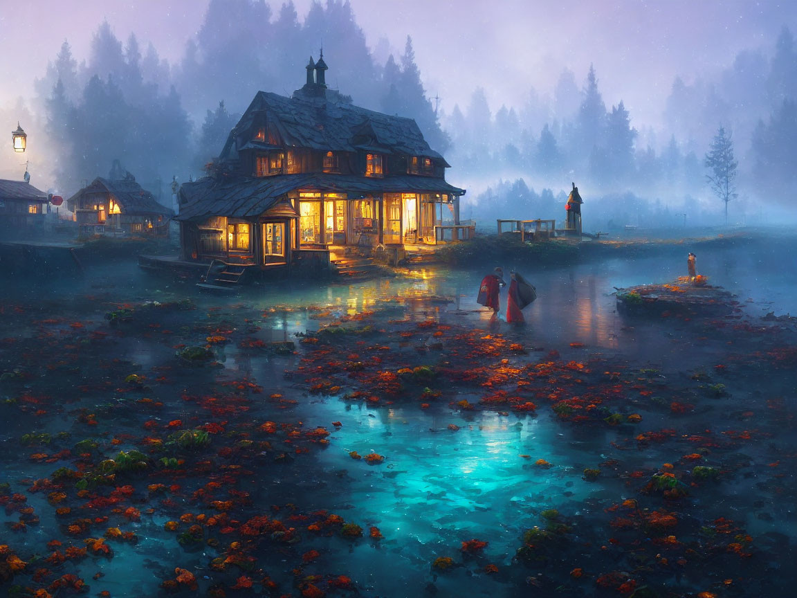 Mystical lakeside cabin at twilight with person in red cloak standing in water