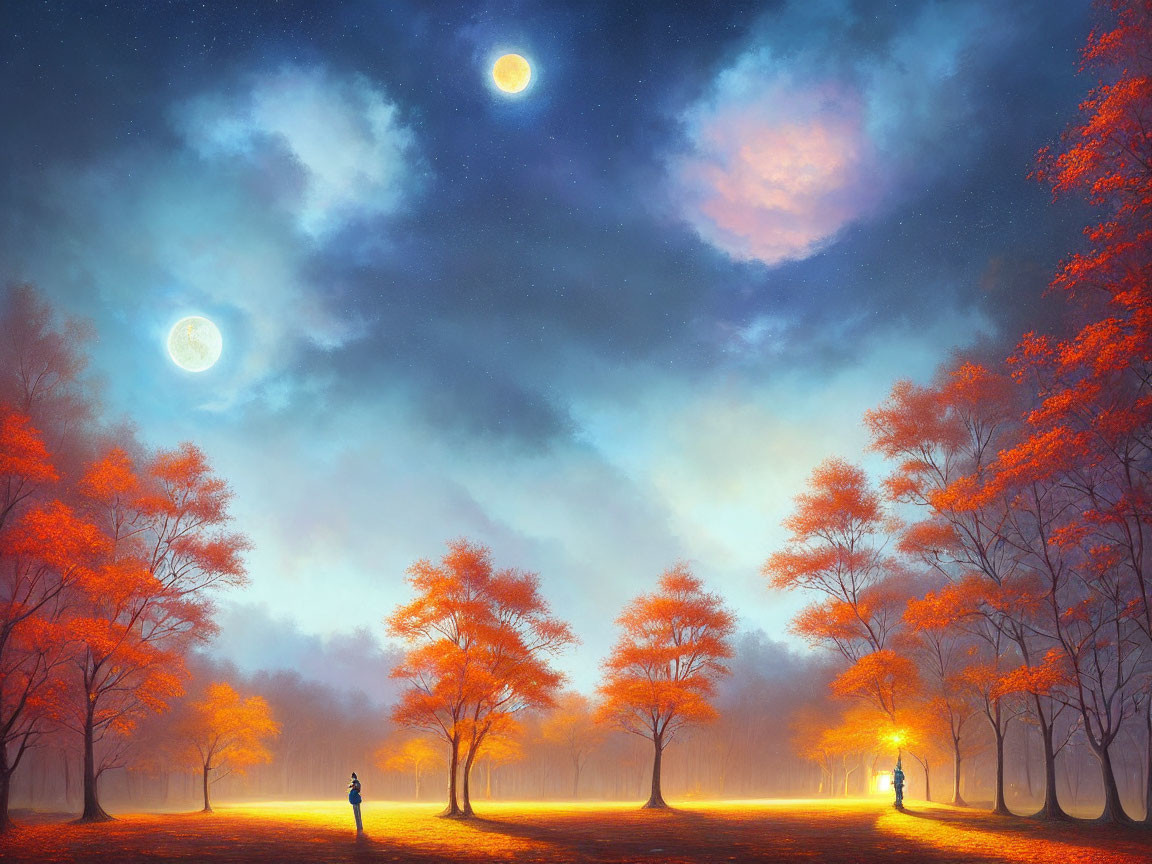 Tranquil night scene with two moons, person under autumn trees, and soft forest lights