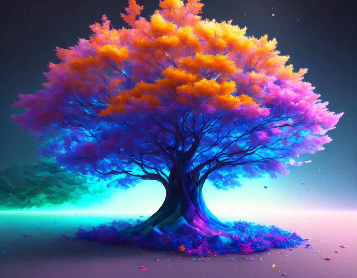 Colorful Orange and Purple Tree on Gradient Blue-Purple Background