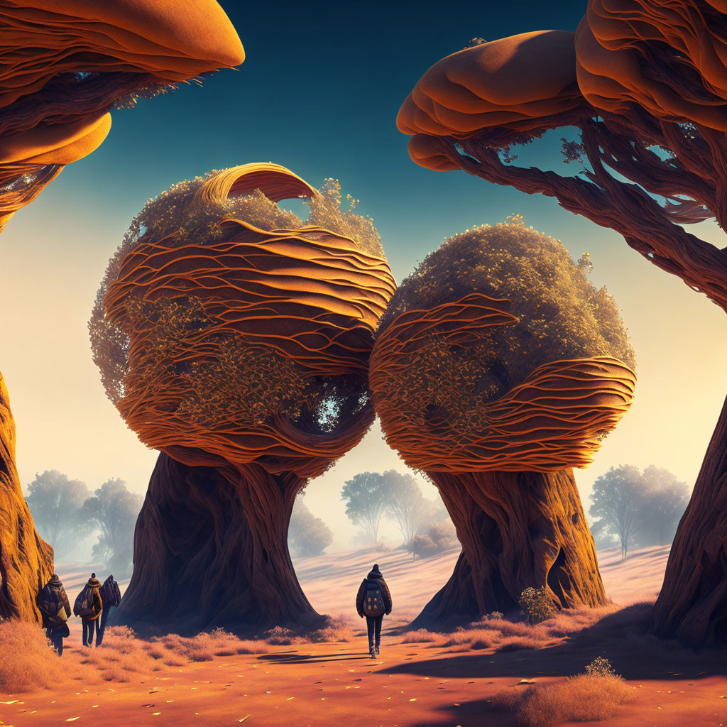 Surreal landscape with massive mushroom-shaped trees and figures walking in an orange-hued atmosphere