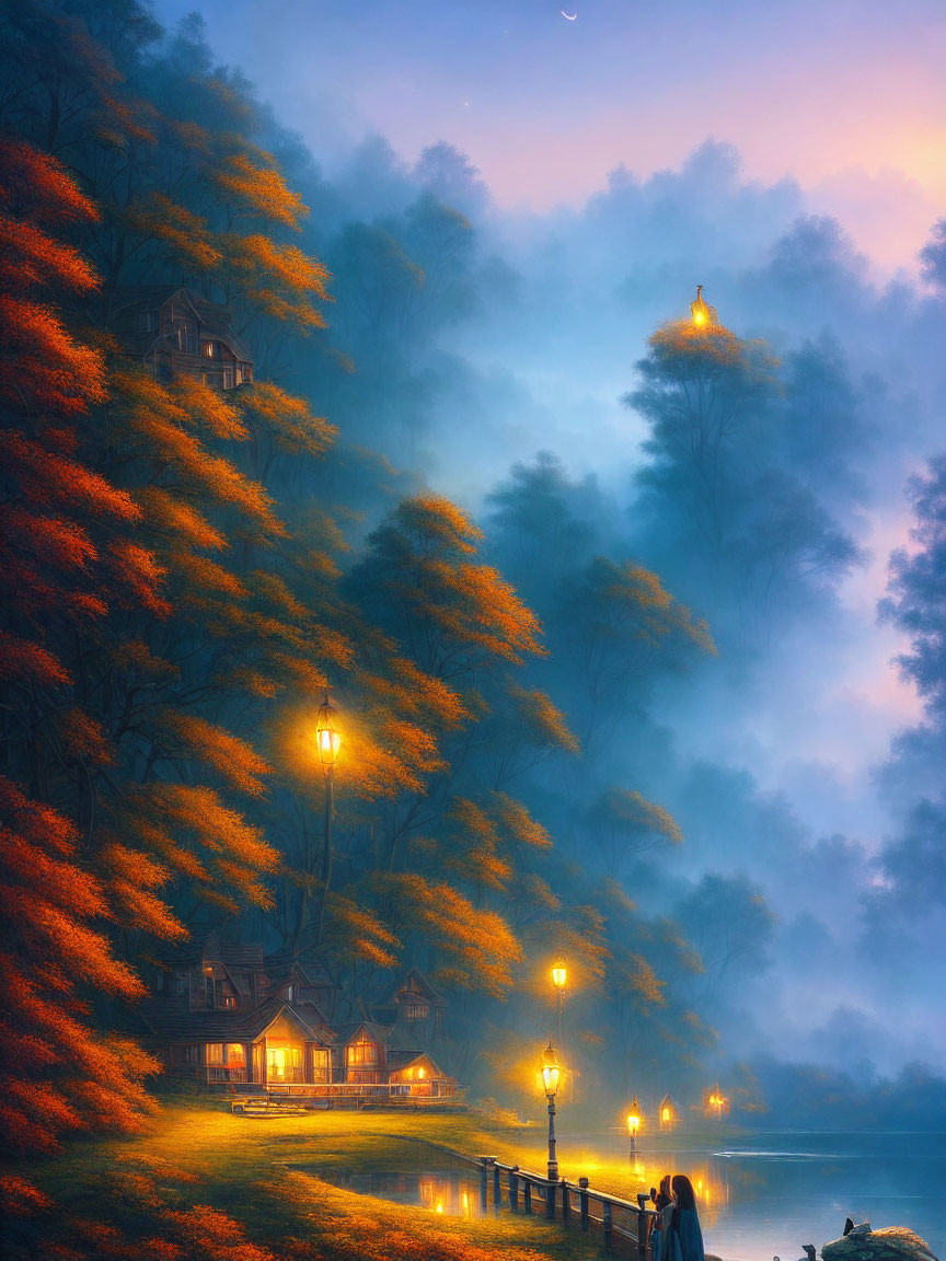 Foggy autumn landscape with cabins, orange trees, lake, moonlit sky, street lamps,