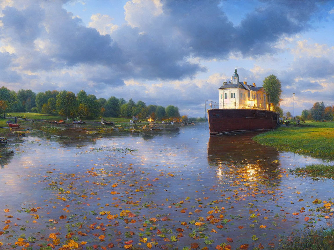 Tranquil river landscape with boat, autumn leaves, and small building