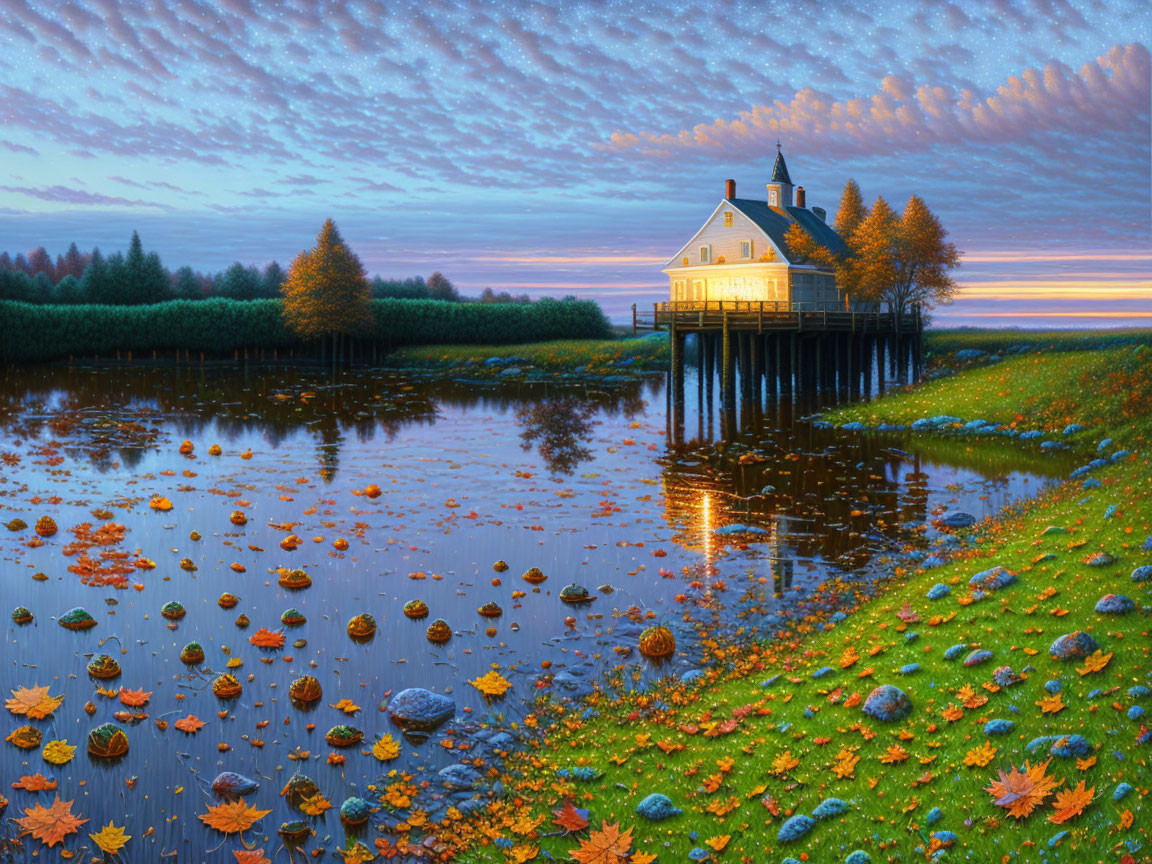 Tranquil autumn landscape with house on stilts near water amidst trees and sunset sky