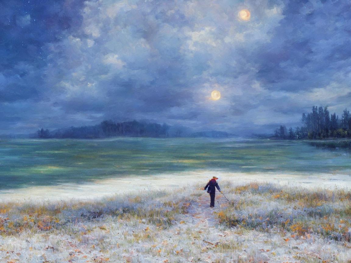 Lonely figure walks snowy path under twilight sky with two moons