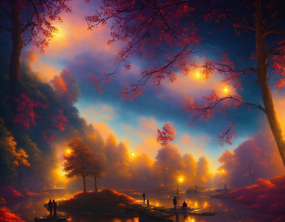 Enchanting twilight forest scene with misty lake and glowing lanterns