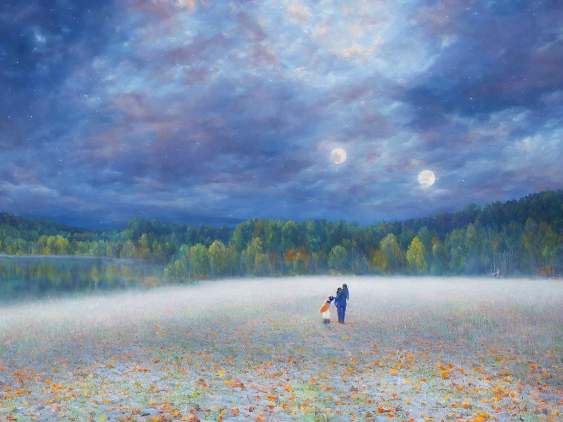 Couple in misty field under night sky with two moons and autumn forest.