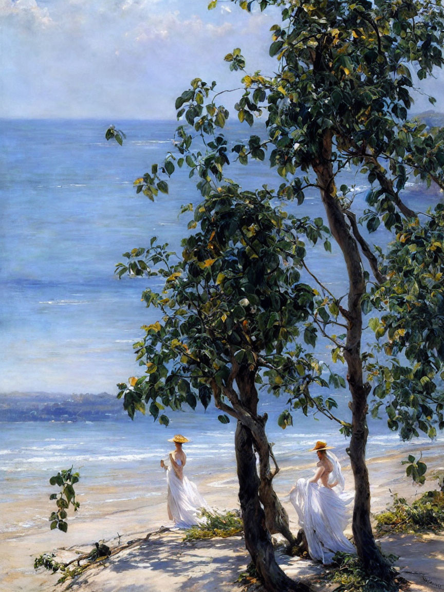 Two Women in White Dresses and Hats by Seashore Trees and Blue Sky