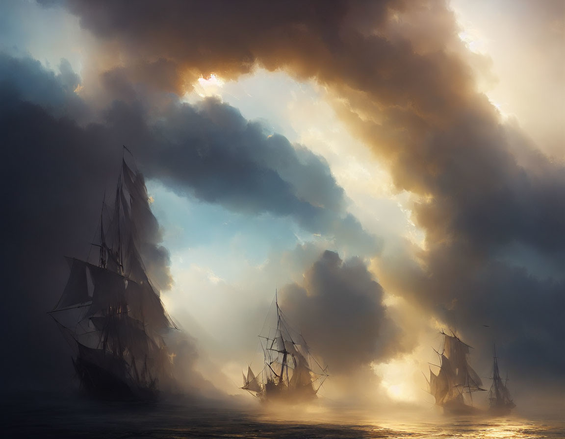 Sailing ships in misty waters under dramatic sky