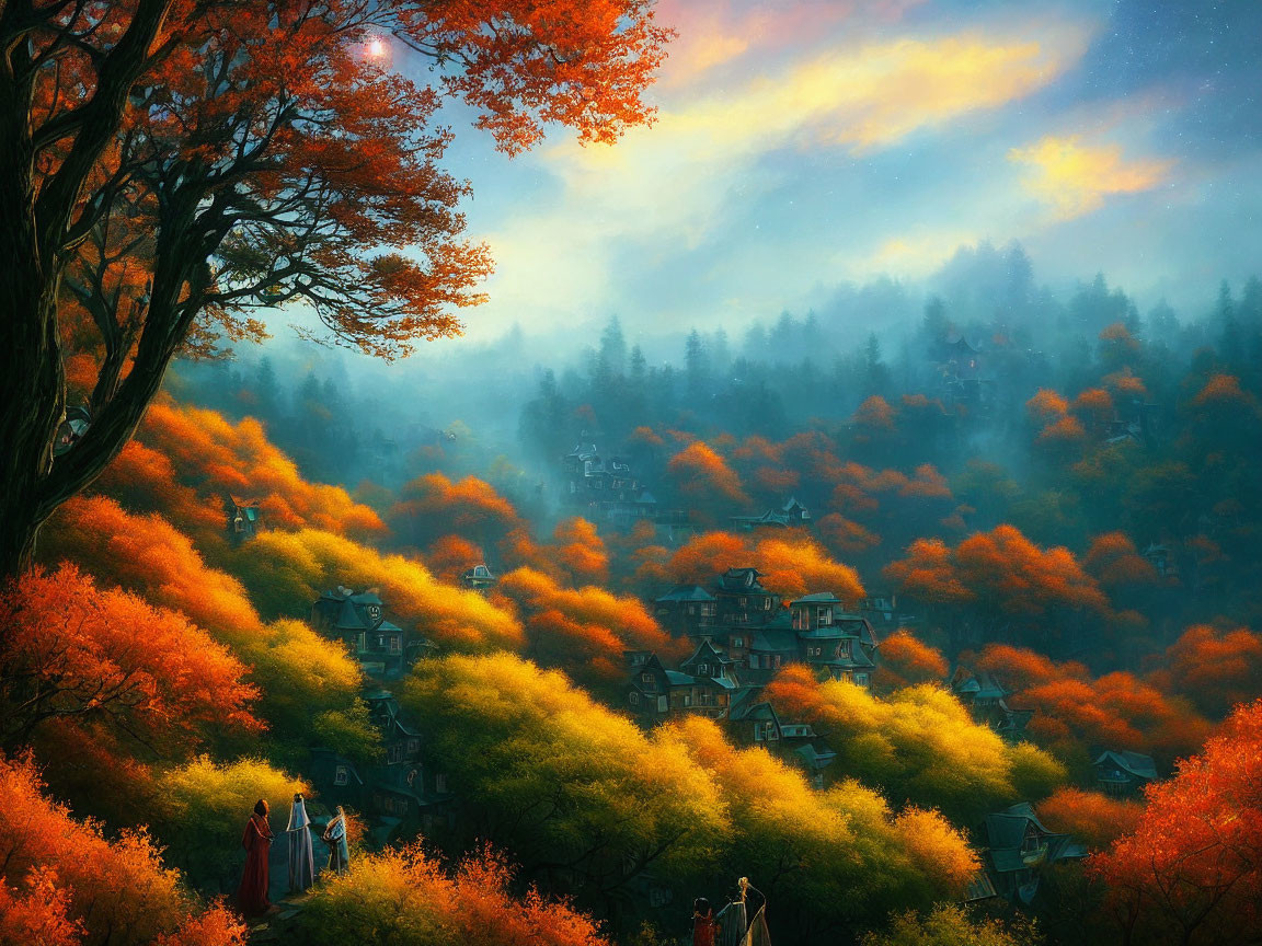 Vibrant autumn forest with misty village under dramatic sky