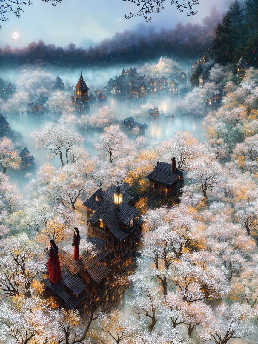 Enchanted forest village with cherry blossoms and figures in red cloaks