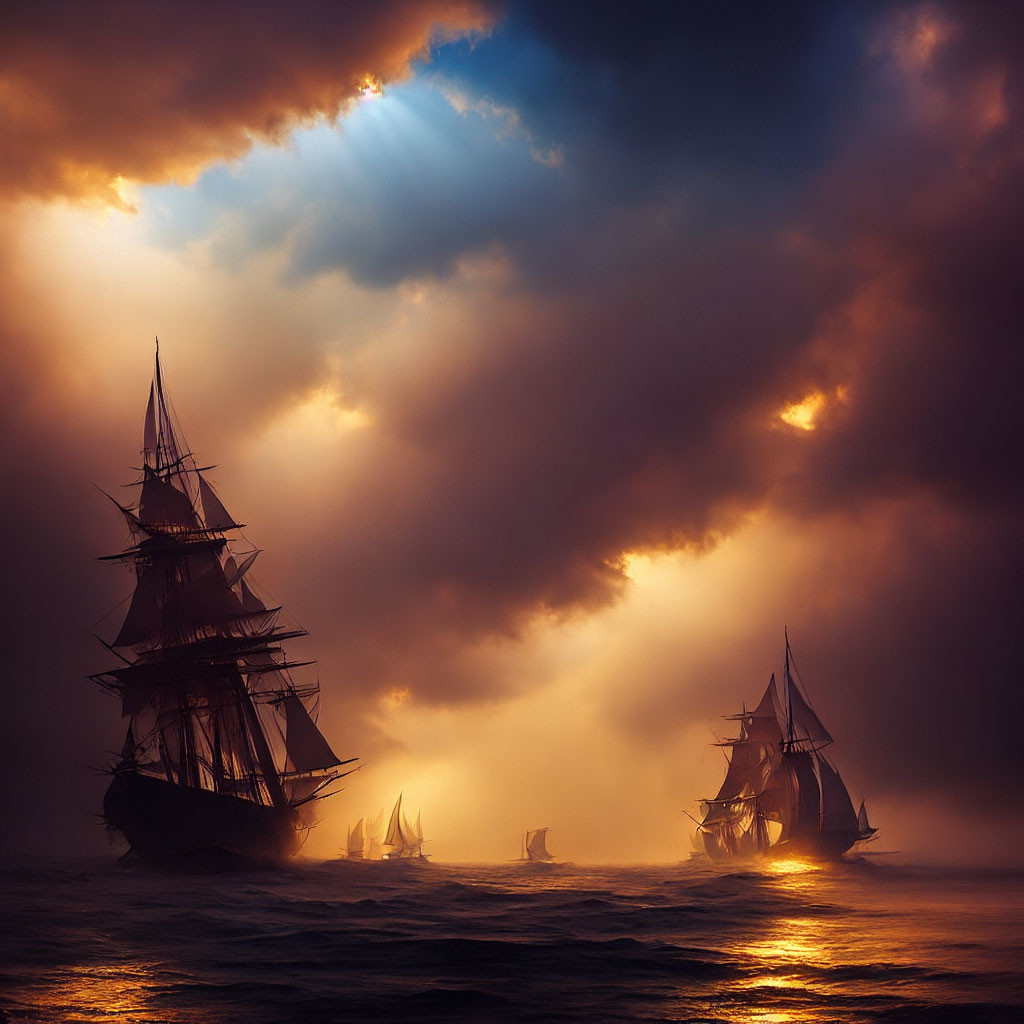 Tall ships sailing on turbulent sea under dramatic sunlight.