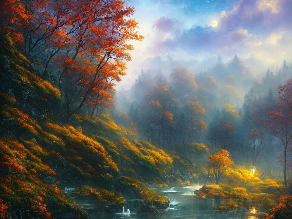 Mystical forest scene with orange and green foliage, serene river, ethereal fog, glowing lantern