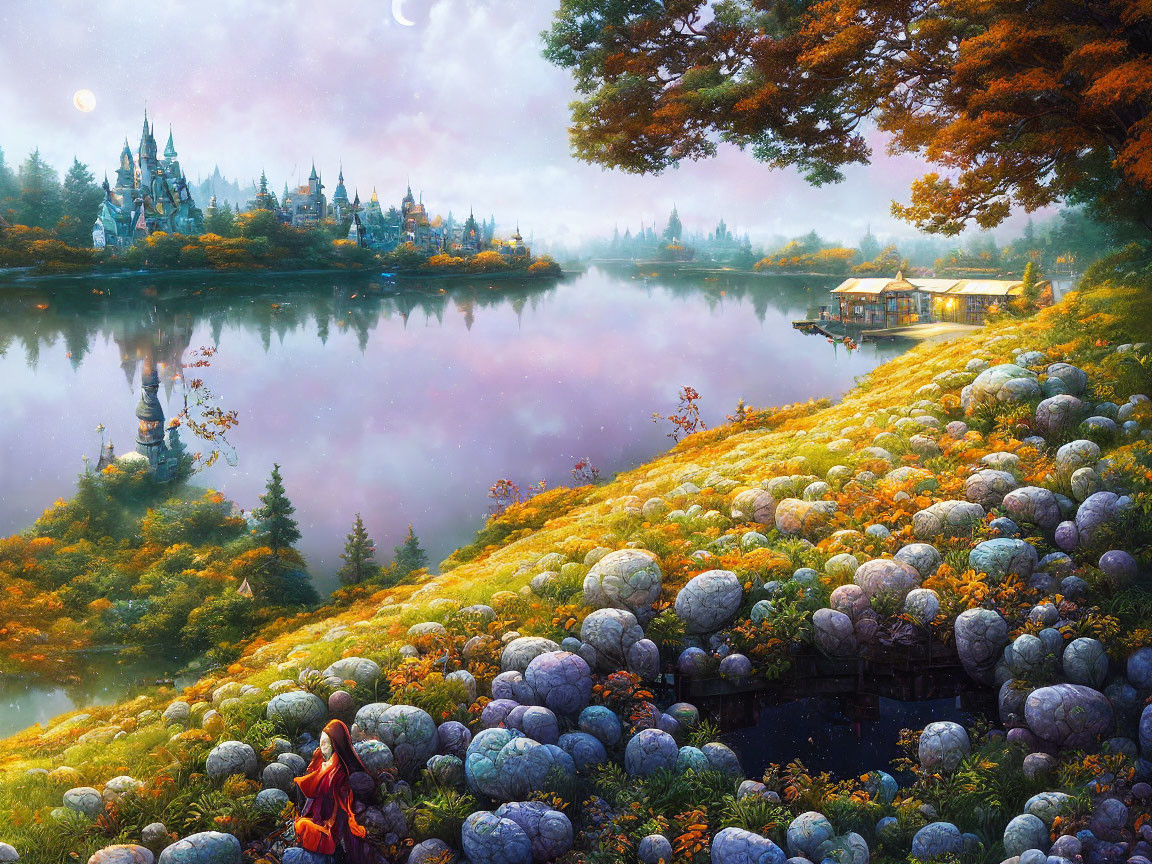 Fantasy landscape with castle, colorful trees, reflective lake, person in red cloak, oversized pumpkins