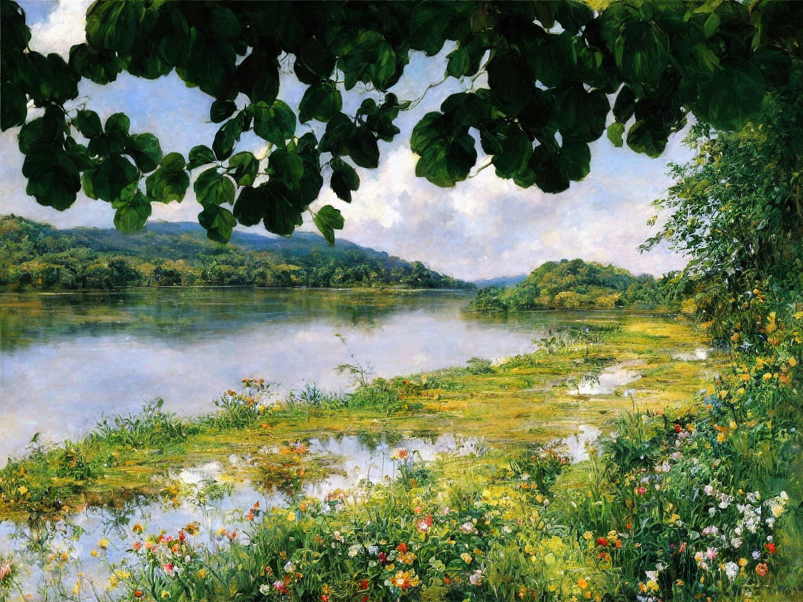 Tranquil river landscape with lush greenery and wildflowers