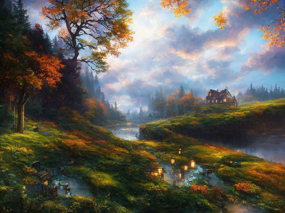 Scenic autumn landscape with glowing house by river at dusk