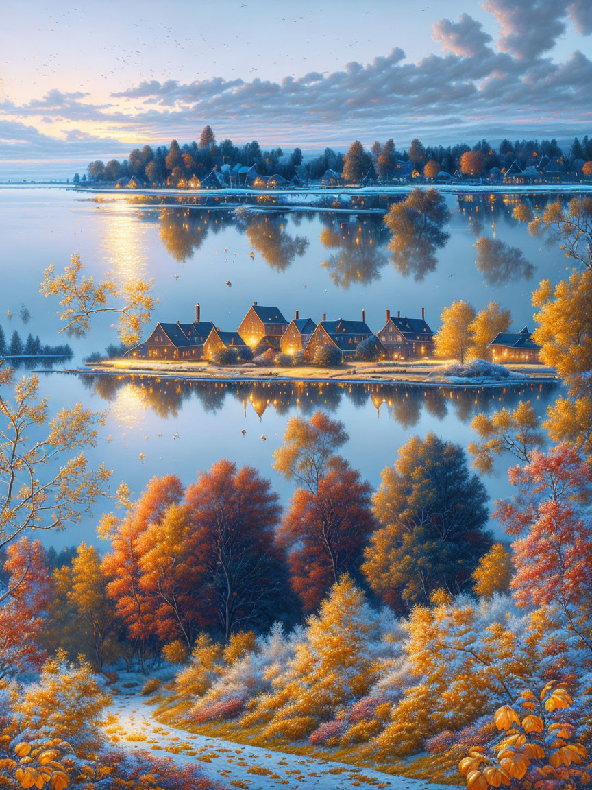 Scenic Lakeside Village in Autumn Dusk