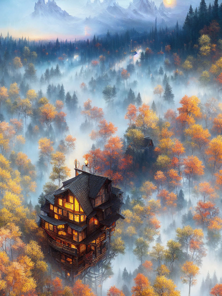 Autumnal mountain landscape with wooden house and misty trees