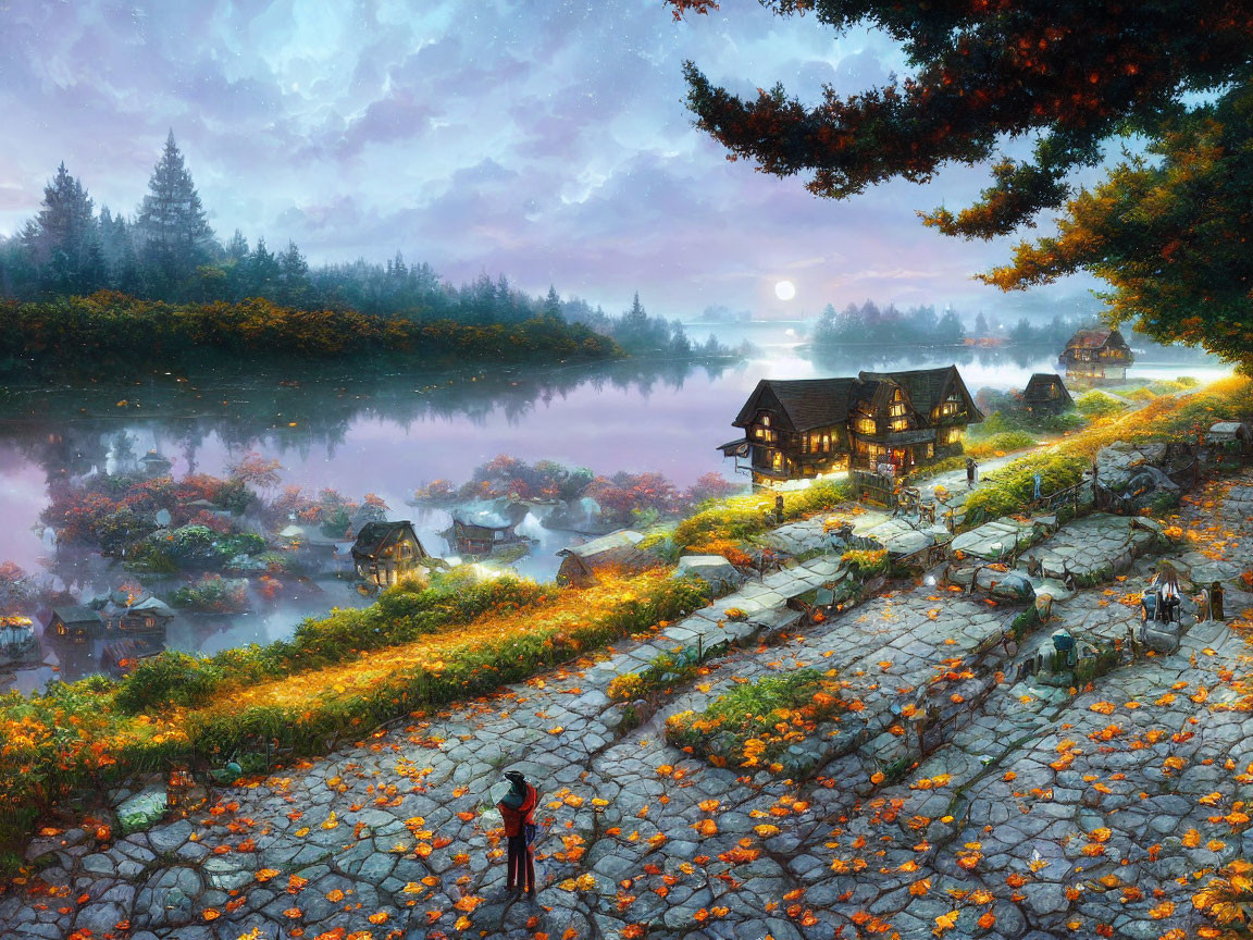 Tranquil village by misty lake: cozy houses, cobblestone path, lush foliage.