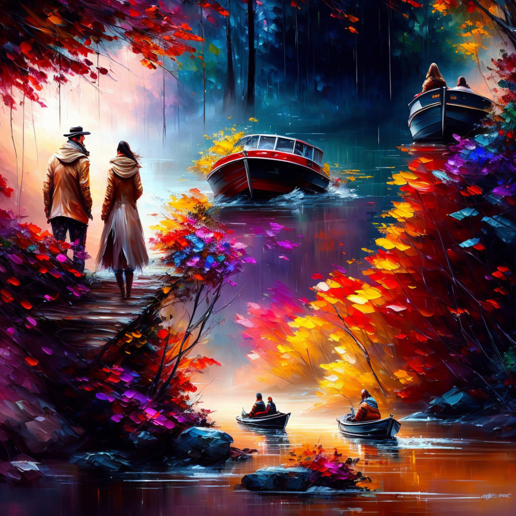 Colorful Autumn Forest Path Painting with Couple and River Boats