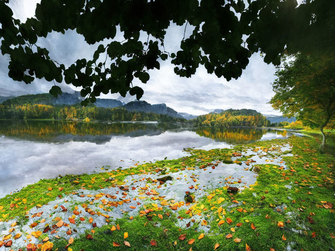 Tranquil lake with cloudy sky, forested hills, green leaves, and autumn foliage.