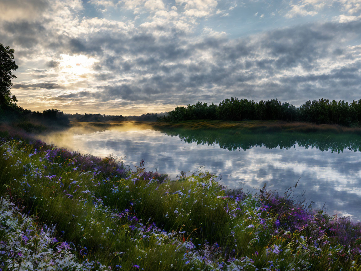 Tranquil sunrise scene with misty river, wildflowers, and cloudy sky