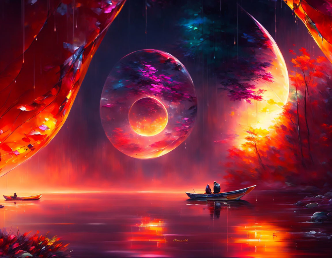 Surreal crimson lake landscape with floating orbs and red foliage