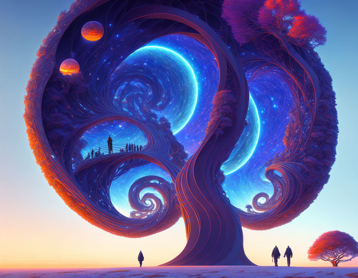 Vibrant surreal artwork: Cosmic tree, swirling branches, floating orbs, people silhouettes