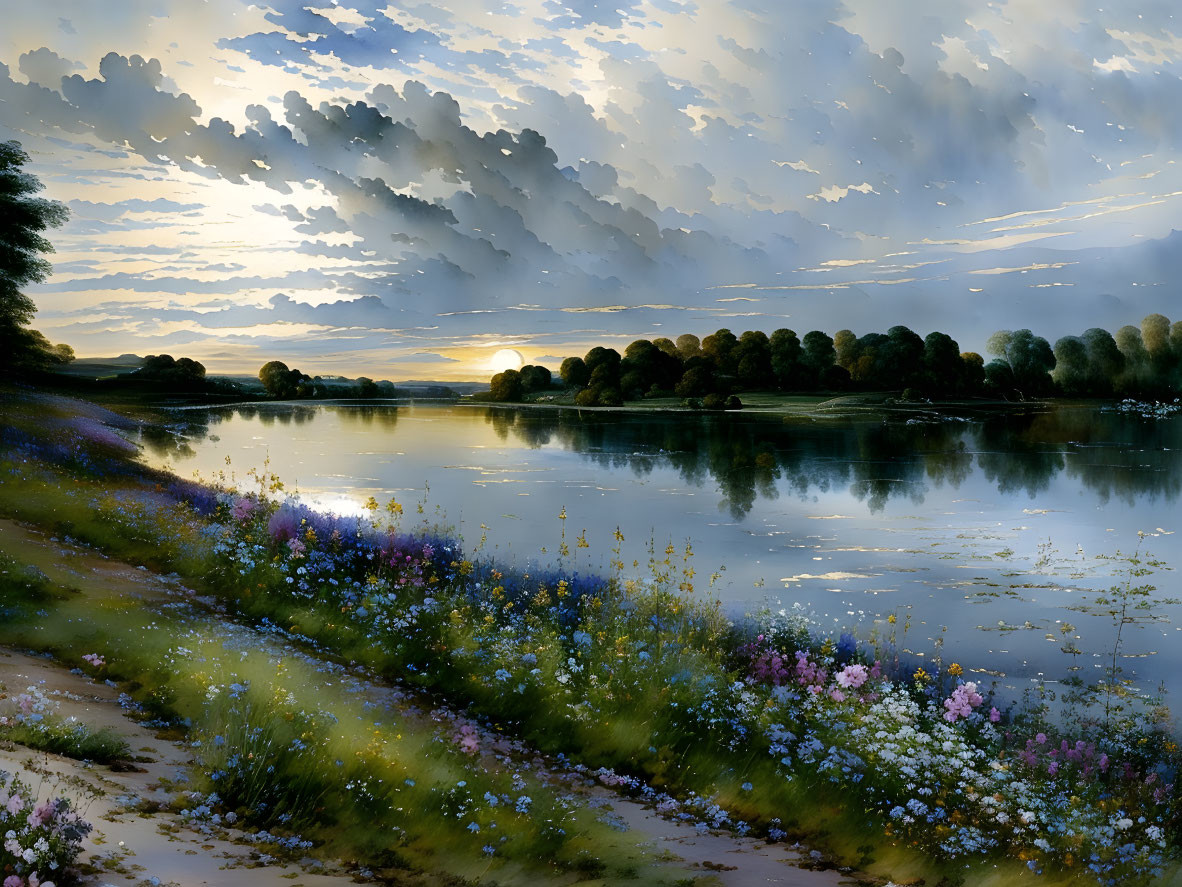 Tranquil lake at sunrise with blooming wildflowers