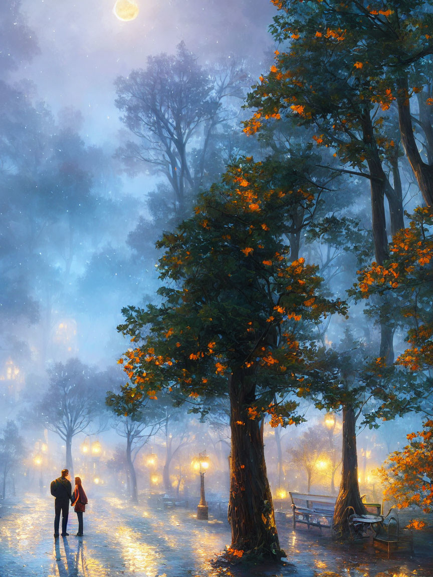 Couple walking under illuminated street lamps in misty autumnal park