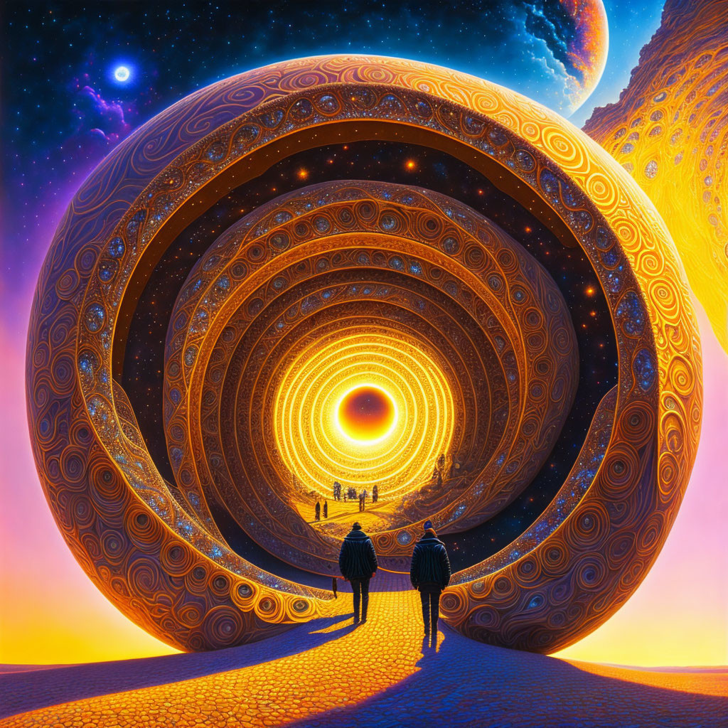 Two individuals approaching a large circular glowing portal in a surreal starry landscape.