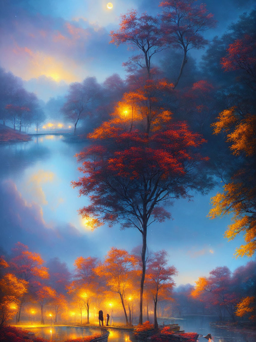 Tranquil autumn twilight scene with misty waters and glowing lights