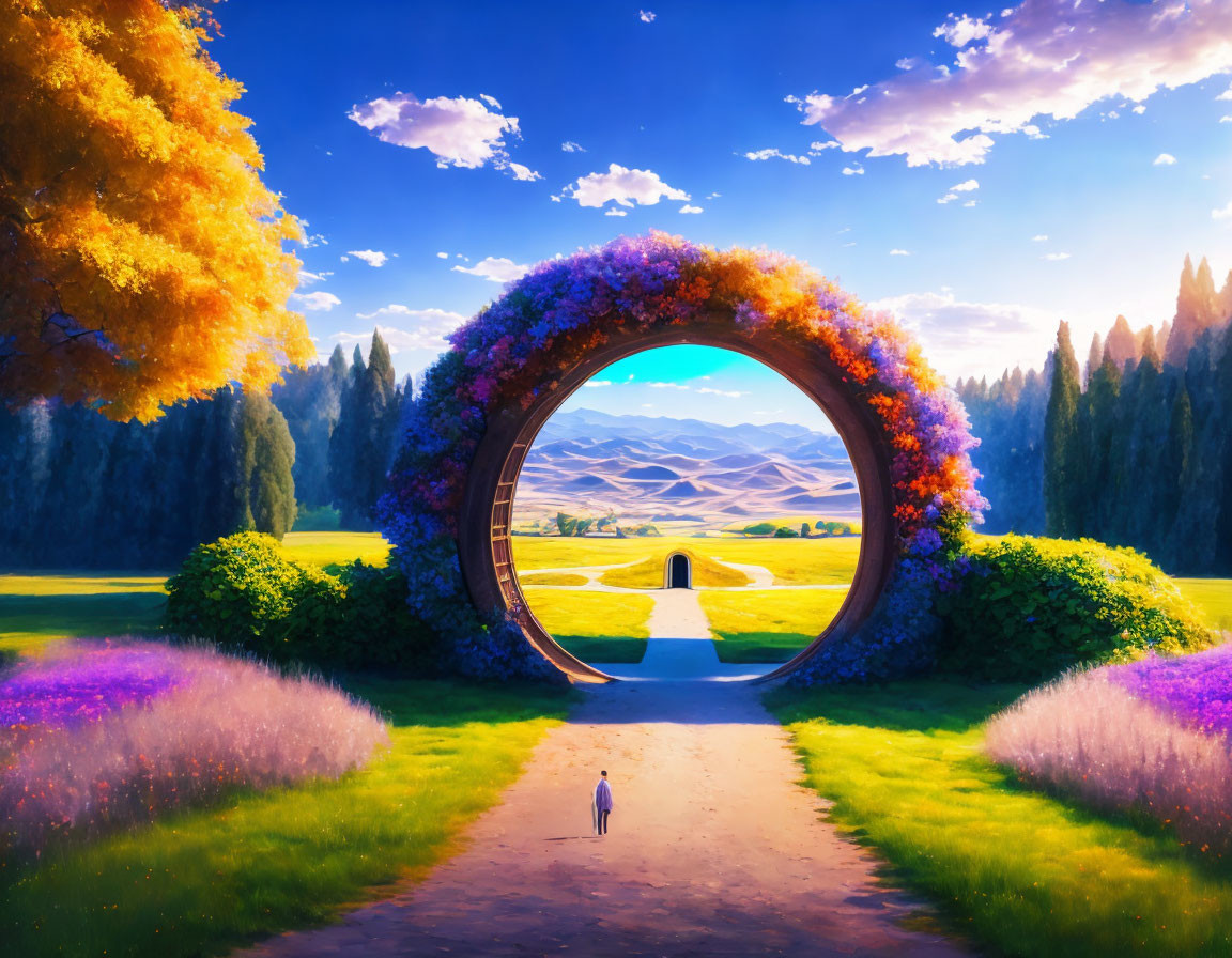 Vibrant landscape with circular flower-adorned gateway