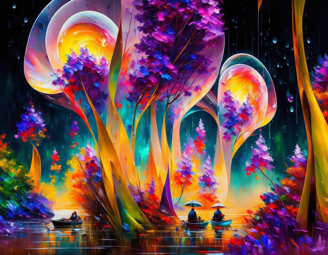 Colorful Swirling Trees in Vibrant Forest Scene