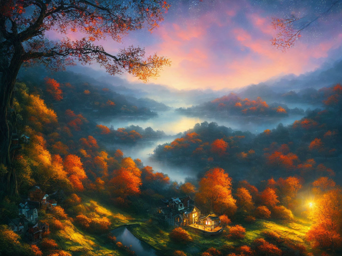 Tranquil autumn landscape with misty river and illuminated houses