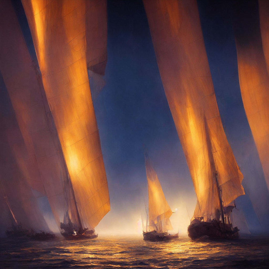 Sailing ships with billowing sails on golden-lit waters