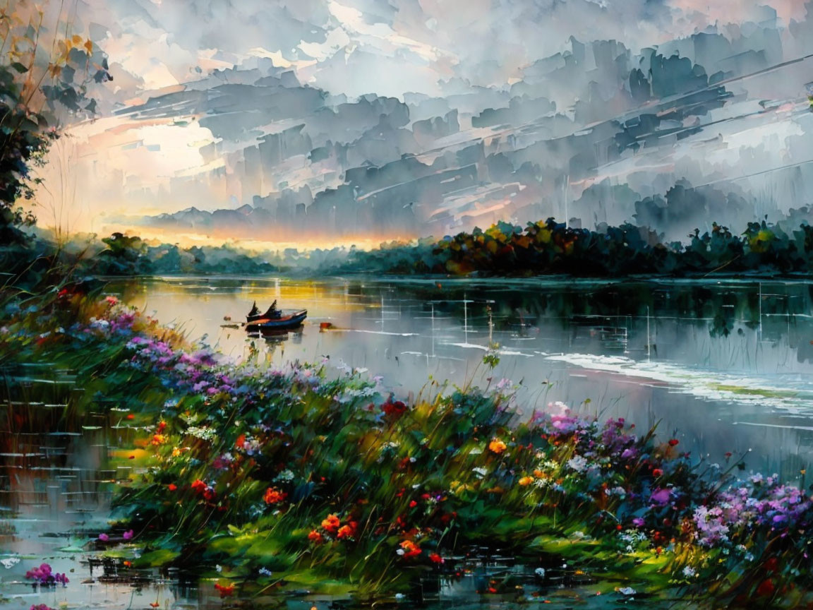 Serene river scene at dusk with boat and colorful sky